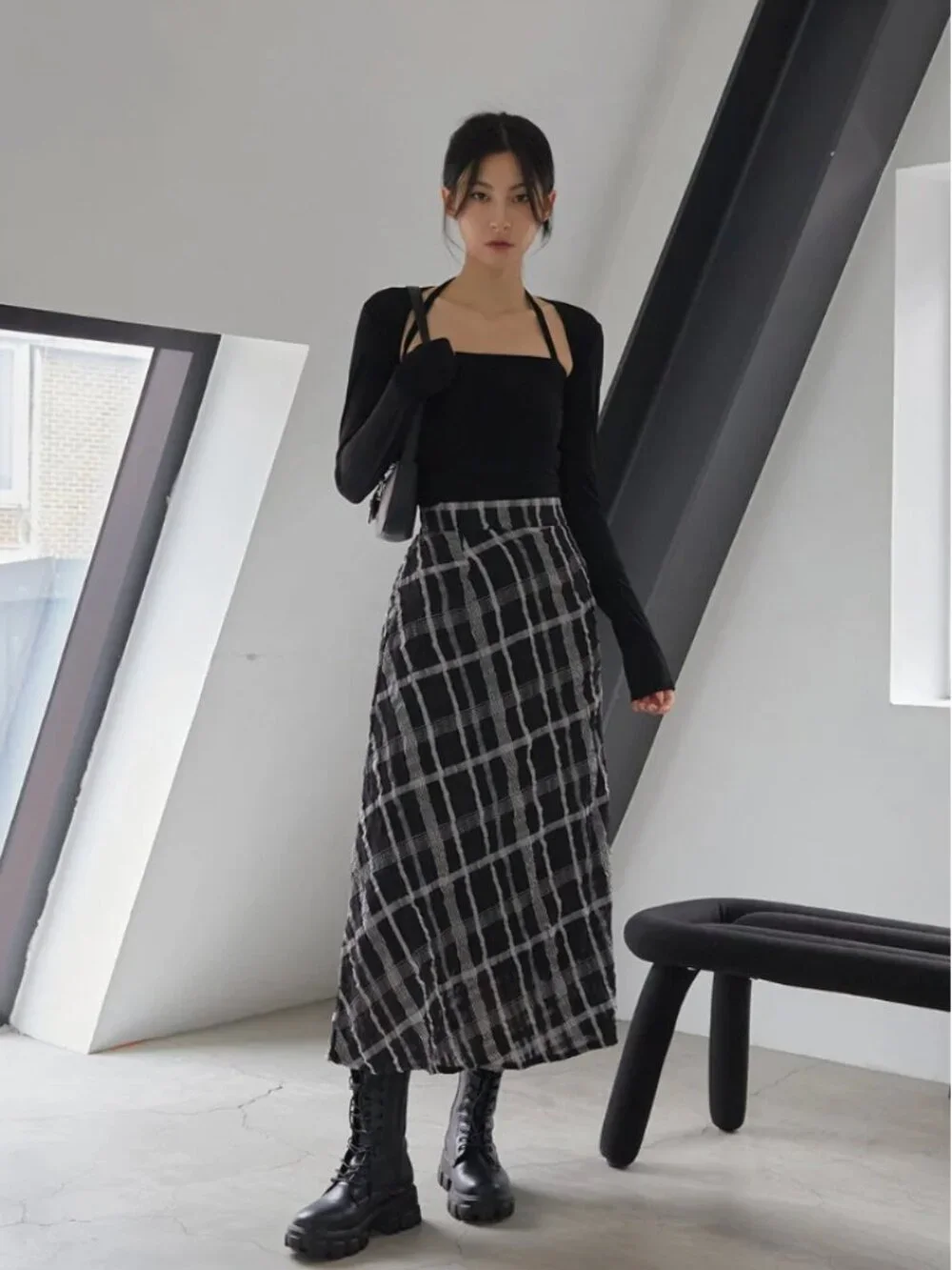 Lewkin Checked Pattern Maxi Flare Skirt - Picture 2 of 4